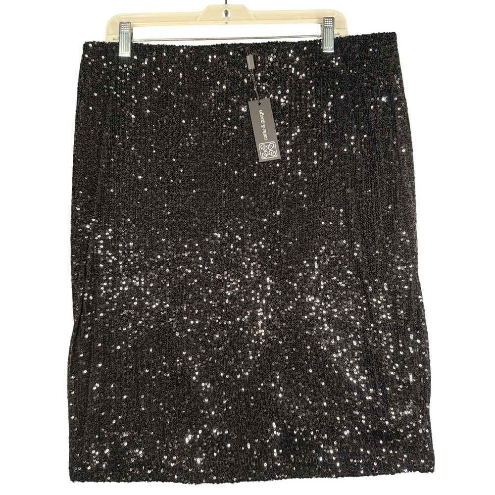 Cable & Gauge Sequin Pencil Skirt XL Women Black Sparkly Stretch NWT